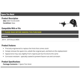 Spare Tire Wheel Hoist Winch - Compatible with 2014-2019 Acura MDX (W0119-H312599)