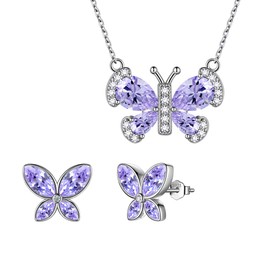 Aurora Tears Purple Butterfly Jewellery Sets Women 925 Sterling Silver Animal Butterflies June Birthstone Alexandrite Necklace/Earring Set Crystal Wedding Birthday Jewelry DS0090U