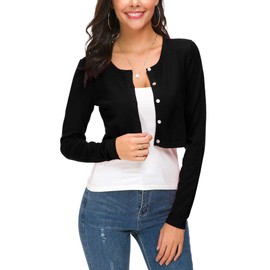 EXCHIC Women's Elegant Long Sleeve Bolero Cardigan with Buttons Round Neck Festive Knitted Shrug Short Cardigan for Dresses, black