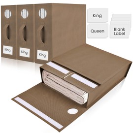 TOSORO 4 Pack Bed Sheet Organizer and Storage, Foldable Storage Bed Sheet Organizer for Linen Closet with Viewing Window & Label for Bedding Sheets & Blankets (Queen & King Size) Taupe