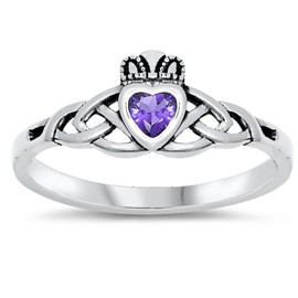CloseoutWarehouse Simulated Amethyst Cubic Zirconia Wicca Claddagh Heart Ring Sterling Silver Size 3