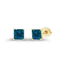 Yellow Gold Plated 925 Sterling Silver 4mm Square Princess Cut Natural London Blue Topaz December Birthstone Screwback Stud Earrings