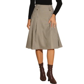 Allegra K Vintage Plaid Skirts for Women's High Waist Pleated A-Line Midi Skirt Large Brown