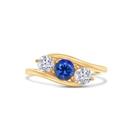 Wishrocks Round Cut Simulated Blue Sapphire & White Cubic Zirconia Three Stone Bypass Engagement Ring Jewelry For Women In 14k Yellow Gold Over Sterling Silver Ring Size- 7.5