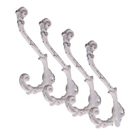 Vintage Cast Iron Wall Hooks (Antique White Finish, Set of 4) - Rustic, Farmhouse, Shabby Chic, French Country Coat Hooks | Great for Coats, Bags, Towels, Hats | French Slender