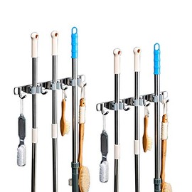 Broom Mop Holder Heavy Duty Wall Mount Stainless Steel Wall Mounted Storage Organizer Tools Hanger with 3 Racks 4 Hooks for Lanudry Garage Kitchen Bathroom Closet Office Garden (1 PCS)