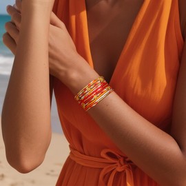 BXDA Fall Orange Red Small Beaded Gold Star Stack Bracelet Set for Women, 12Pcs Boho Golden Beads Friendship Stackable Stretch Bracelets Fashion Accessories Jewelry Gift