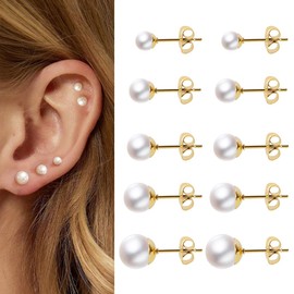 QIBZI Earrings for Women, 5 Pairs Pearl Earrings, Round Large Retro Earrings
