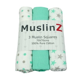 MuslinZ Baby Muslin Squares Burp Cloths 3 Pack 100% Pure Cotton, 70cms, Baby Essential, Soft Breathable and Absorbent (Mint Star)
