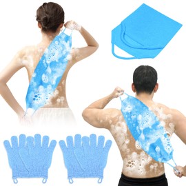 Vicloon Peeling-Rückenschrubber Badehandschuhe-Set, 2 Paar Peeling-Handschuhe, 1 Doppelseitiger Rückenpeeling Waschlappen mit Griffen, Waschhilfe Entfernen Abgestorbener Doppelseitiger(Blau)