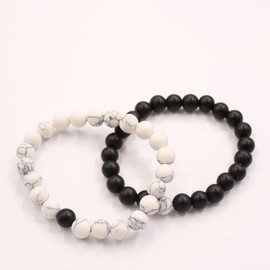 ISHOW His and Hers Couple Yin Yang Bracelet Black Matte Agate & White Howlite 8mm Beads Bracelet (2pcs)