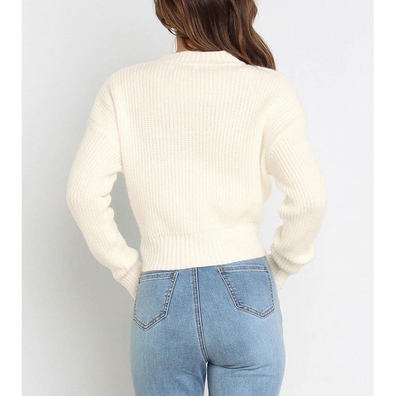 Okiwam Women's Long Sleeve Cropped Sweaters Casual Knit Pullover Tie