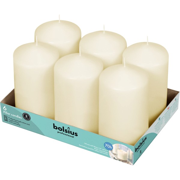 BOLSIUS 6 Ivory Pillar Candles Bulk - 3x6 Inches Candle Set - 70+ Hours Clean Burning - No Palm Oil - 0% Animal Fat - Premium European Quality - Unscented Dripless Eco-Friendly Wedding Pillars