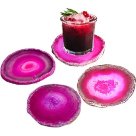 JIC Gem Dyed Pink 3.5-4" Agate Coaster Sliced Natural Agate Coaster for Coffee Cup Home Decor with Rubber Bumper Set of 4