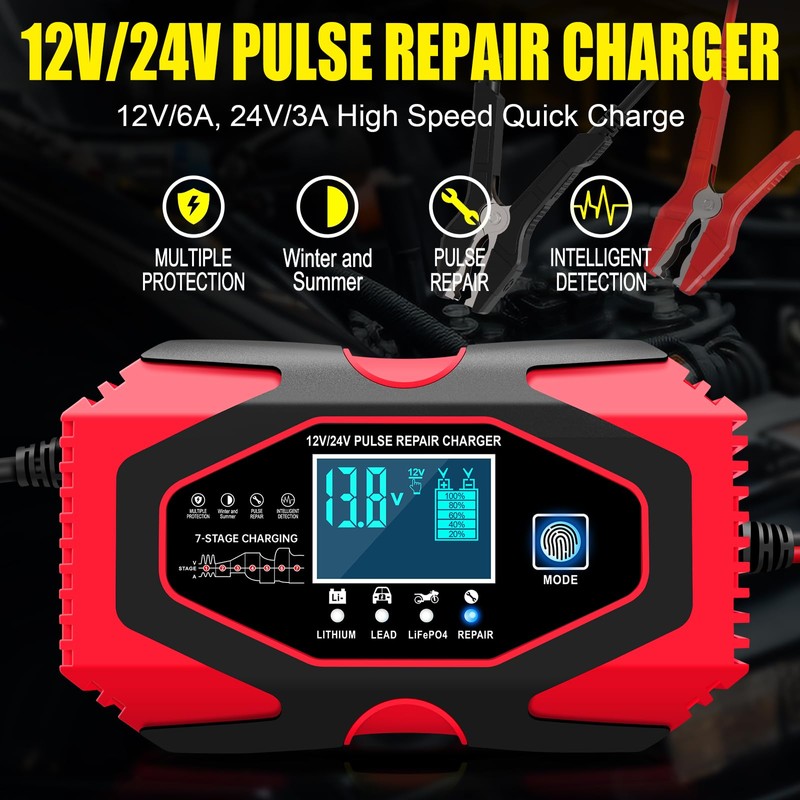 MBUMJPIH Battery Charger 6-Amp 12V and 24V Fully-Automatic Smart Car