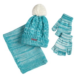 Sportoli Women’s Girls’ kids 3-Piece Cable Knit Cold Weather Set Hat Scarf Glove - Aqua (Size Teens / 8-16 Yrs)