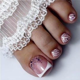 24Pcs French Glitter Press on Toenails – Short Square Fake Toe Nails with Irregular Stripes & Rhinestones, Glossy Full Cover Stick-on Nails with Accessory Tool, Eco-Friendly ABS Material