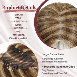 YAMI Hair Toppers for Women with Thinning hair 100% Real Human Hair Toppers 40g Human Hair Toppers for Women Clip In Hair Topper Swiss Base 12inch Medium Brown with Highlight