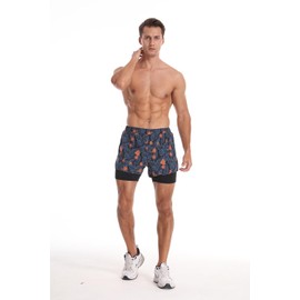 Viisendy Pro Men's 2-in-1 Compression Lining Beach Shorts and Swim Trunks, Tropical Leaves