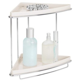 mDesign Metal 2-Tier Corner Storage Organizing Caddy Stand for Bathroom Vanity Countertops, Shelving or Under Sink - Free Standing, 2 Plastic Shelves - Cream/Chrome