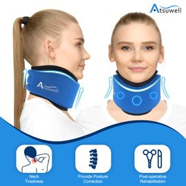 Atsuwell Neck Brace for Sleeping, Soft Cervical Collar for Support, Adjustable Neck Support Brace with Hot Cold Gel Packs Reusable for Office Pressure, Fatigue, Blue
