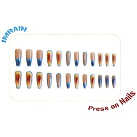 IMRAIN French Press on Nails Long Coffin Fake Nails Blue Yellow Ombre Fake Nails with Designs Full Cover Glossy Glue on False Nails Summer Ballerina Acrylic Nail Supplies 24Pcs
