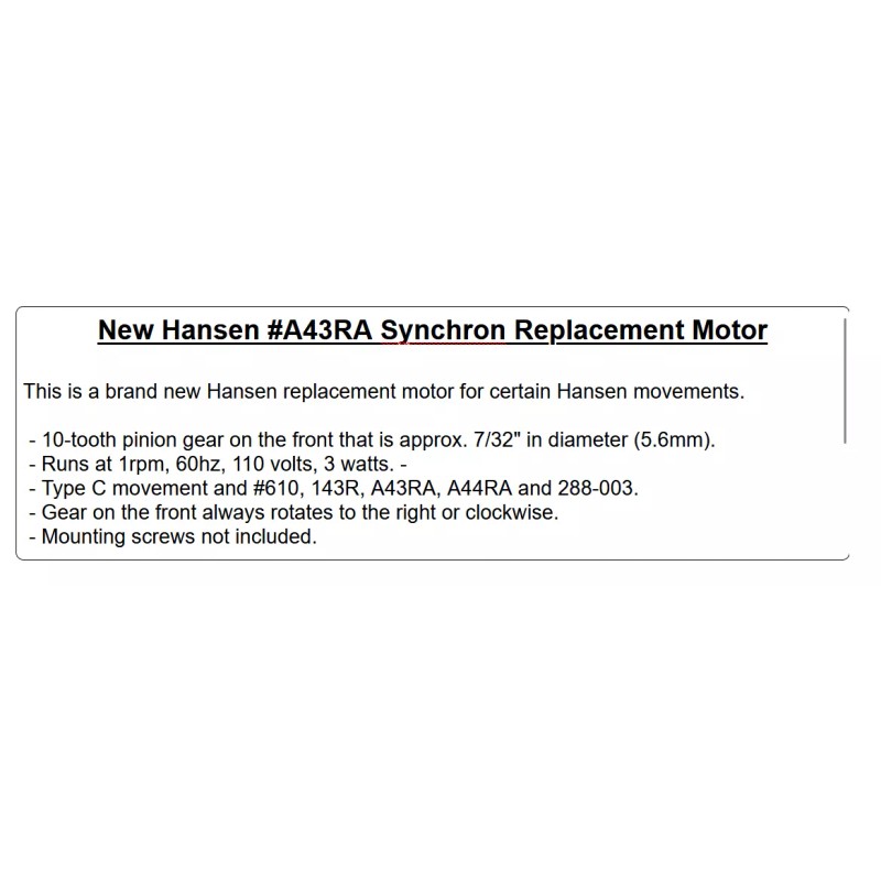 Hansen New Hansen #A43RA Synchron Replacement Motor - 1RPM, 60Hz,