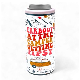 Biddlebee Can Cooler for Standard 12oz Cans & Bottles – Stainless Steel Double Wall Vacuum Insulated Drink Holder – Beach Gift for Men, Women, Vacation, Picnic (Camper Getting Tipsy - Slim Can)