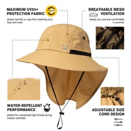 TOP-EX Waterproof Sun Hat Men's Wide Brim Sun Protection Hat Outdoor Trekking Hat with Neck Protection Safari Summer Hat Foldable Khaki M/L