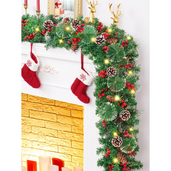 9 FT Christmas Garland with Lights, Lighted Christmas Garland, Pine