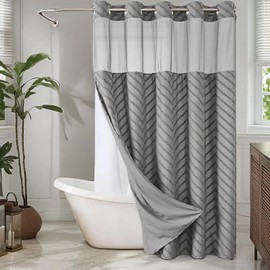 CAPQL No Hook Shower Curtain with Snap in Liner, Grey Tufted Chevron Striped Boho Fabric Shower Curtains with See Through Top Window for Bathroom, Water Repellent Washable Shower Curtain Set, 71"X74"
