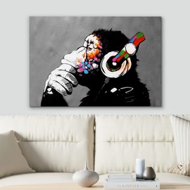 SIGNWIN Framed Canvas Wall Art Banksy Thinking Monkey with Headphones Graffiti & Street Art Famous People Pop Art Modern Urban Multicolor for Living Room, Bedroom, Office - 16x24 inches