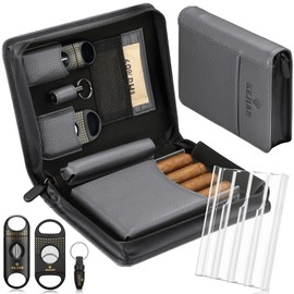KEJIAR Leather Cigar Case Travel Humidor Box Set Includes 2 Cigar Cutter Guillotines, Punch Cutter, Humidor Humidifier Packs, Acrylic Holder Tray, Multifuntional Cigar Carrying Case (Gray)