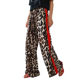 Charfille Women's Casual Pants Drawstring Leopard Print Color Block Side Striped Straight Leg Wide Leg Loose Pants (1-a-Brown, S)