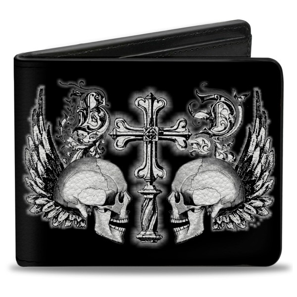 Buckle-Down Men's Bifold Wallet-BD Skulls w/Wings, Multicolor, 4.0" x 3.5"