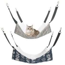 XNBTFK 2PCS Cat Hammock Bed, Plush Hanging Hammock for Small Pets, Reversible Cat Hanging Bed with Soft Fabric, Fits Most Cages (M Size, Blue & Gray Plaid)