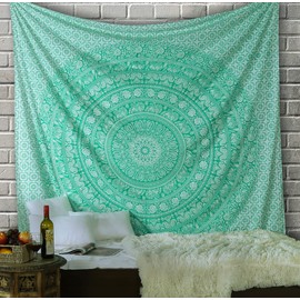 RAJRANG Tapestry Wall Hanging - 230x274 cm Green Mandala Art Cotton Elephant Indian Tapestries Boho Hippie Beach Throw Blanket for Bedroom Decor