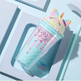 seelucky Unicorn Travel Tumbler with Straw Ice Drinking Cup Freezer Frosty Mug Lid Strap Holder Cup for Picnic Party Birthday (chocolate unicorn pink, 450 ml)