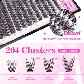 CALAILIS Individual Eyelashes, 204 Pieces, DIY Cluster Eyelashes, D Curl, Individual Eyelash Extensions, Volume Eyelash Clusters at Home (DD508, 10-16 Mix)