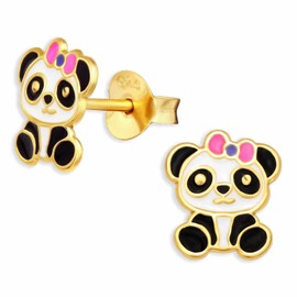 Monkimau Panda Stud Earrings Made of 925 Silver Jewellery Silver Earrings Medical for Children Girls Women Gold Plated, Silver
