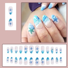 24 Pcs Blue Press on Nails Short Almond - MINGCHUN Autumn Winter Blue French Fake Nails Press ons Nail Art Tip Blue Ocean Wave Starfish Design Full Cover Acrylic Glue on Nails Stick on Nail for Women