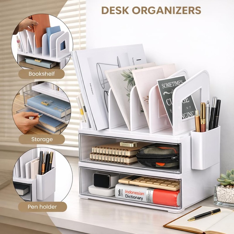 LALOBLUE Acrylic Desk Organizer with Drawer and Vertical File Holder,