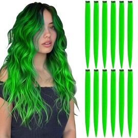 BUMMSEVEN 12 Pcs Green Hair Extensions Clip in for Kids Girls, 22 Inch Long Streak Straight Ins Heat Resistant Colored Synthetic, Using for Halloween Costume Party Play Highlights
