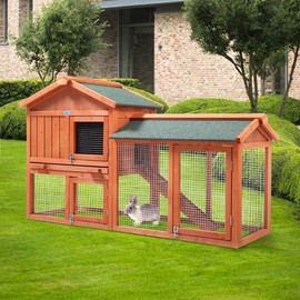 Sandinrayli 2-Tier Outdoor Wooden Rabbit Chicken Pet Hutch House with Run, Elevated Retreat, Ramp, Door