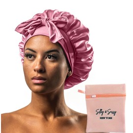 Silky & Sassy with Laundry Bag Large Satin Bonnet for Sleeping Hair Bonnets for Women Bonnet for Curly Hair Adjusts with Tie Band Double Layer Silk Sleep Cap Silk Bonnet Pink