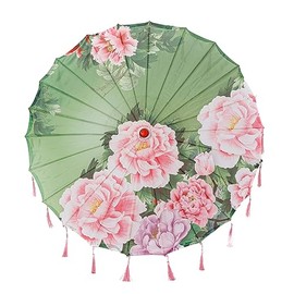 THY COLLECTIBLES Classic Chinese Art Asian Style 33" Silk Parasol Umbrella with Tassels for Wedding Parties, Photography, Costumes, Cosplay, Decoration And Other Events (Green with Peonies)