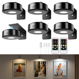 6PCS Picture Lights with Remote,3 Colors Paintings Light Wireless Rechargeable Battery Wall Light Dimmable and Timer Metal Art Light for Paintings,Display, Wall, Artwork, Gallery(Black)