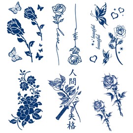 Semi-permanent Rose Temporary Tattoos, 6-Sheet 2 Weeks Long Last Waterproof Folwer Tattoos, Plant-Based Ink Sticker for Adult Children