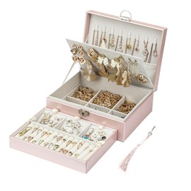 BOOVO Earring Jewelry Box For Women Girl Stud Organizer, 4 Layers Girl Jewelry Organizer Box With Lock Earring Holder Organizer Necklace Ring Jewelry Organizer Box For Girls (Rose Gold, 4 layer)