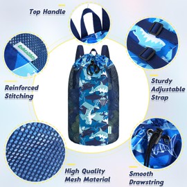 WAWSAM Shark Large Mesh Beach Bag for Kids, Kids Drawstring Beach Backpack for Boys, Tote Mesh Beach Toys Bag, Swim Pool Toys Balls Storage Bags Gym Bag, Beach Toy Shells Organizer